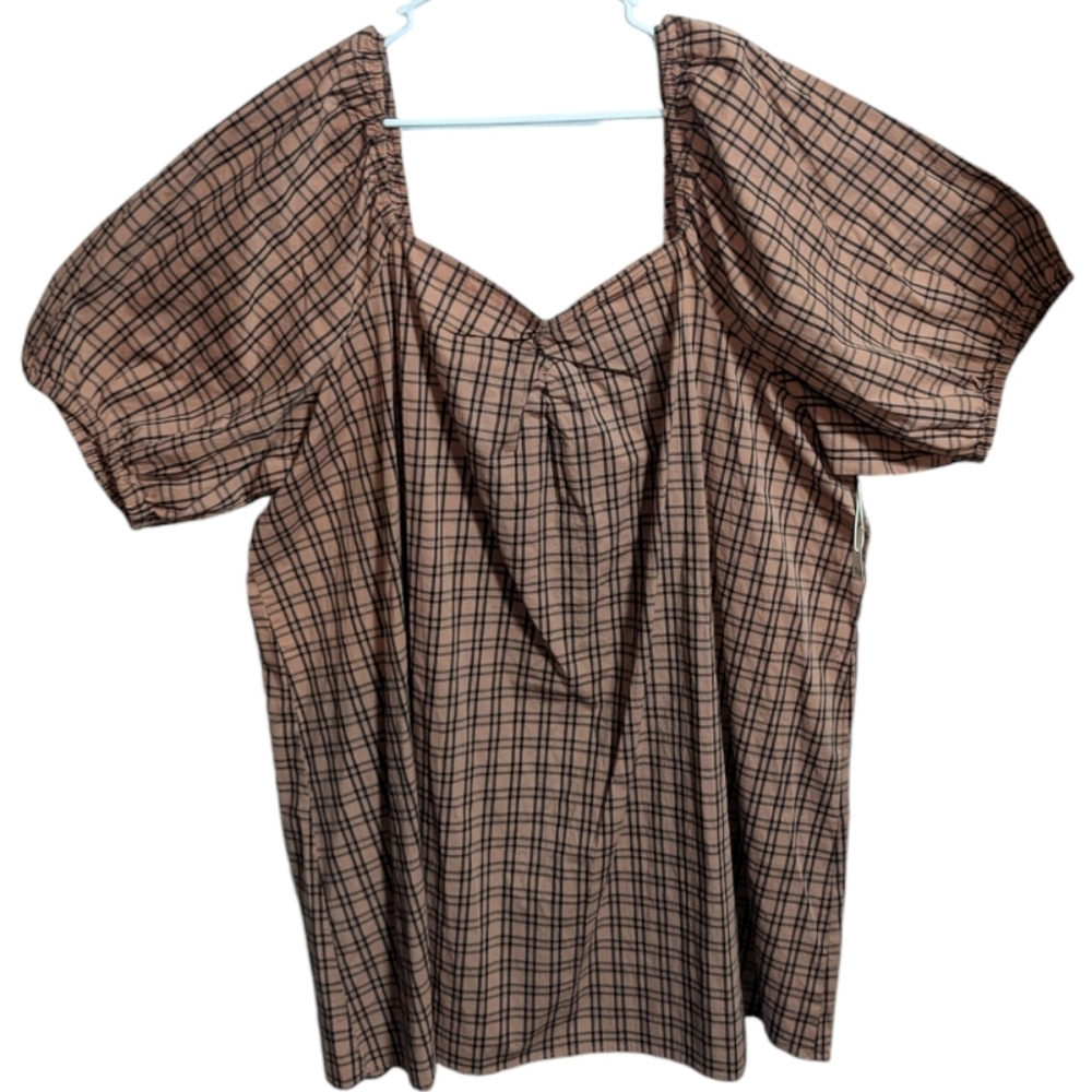 a.n.a women's Dress 3X Mini Midi brown black plaid Puff Sleeves w-177